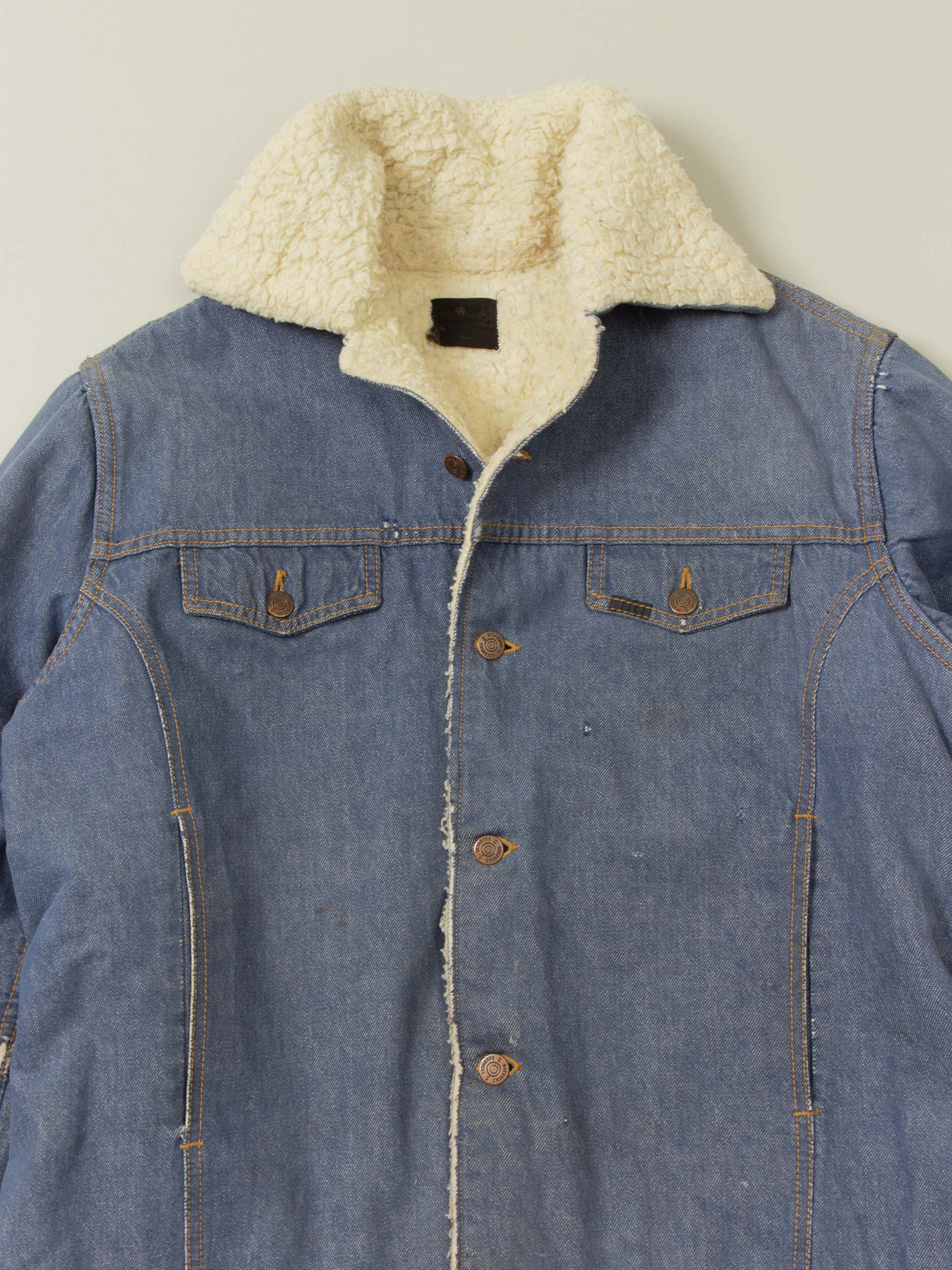 70s Roebucks Denim Rancher Coat / factory Chore Jacket w/ Sherpa Liner